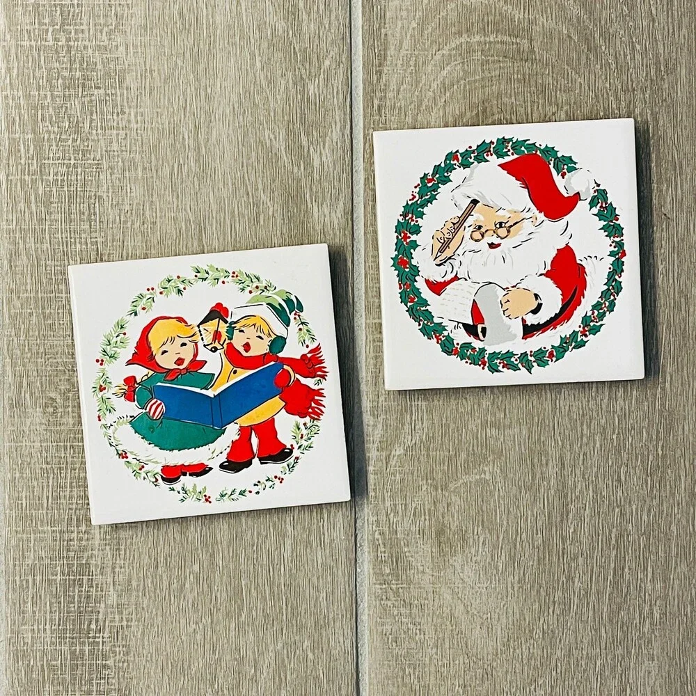 2 Vintage Jasco Christmas Tile Trivets Carolers Santa Coasters 1981